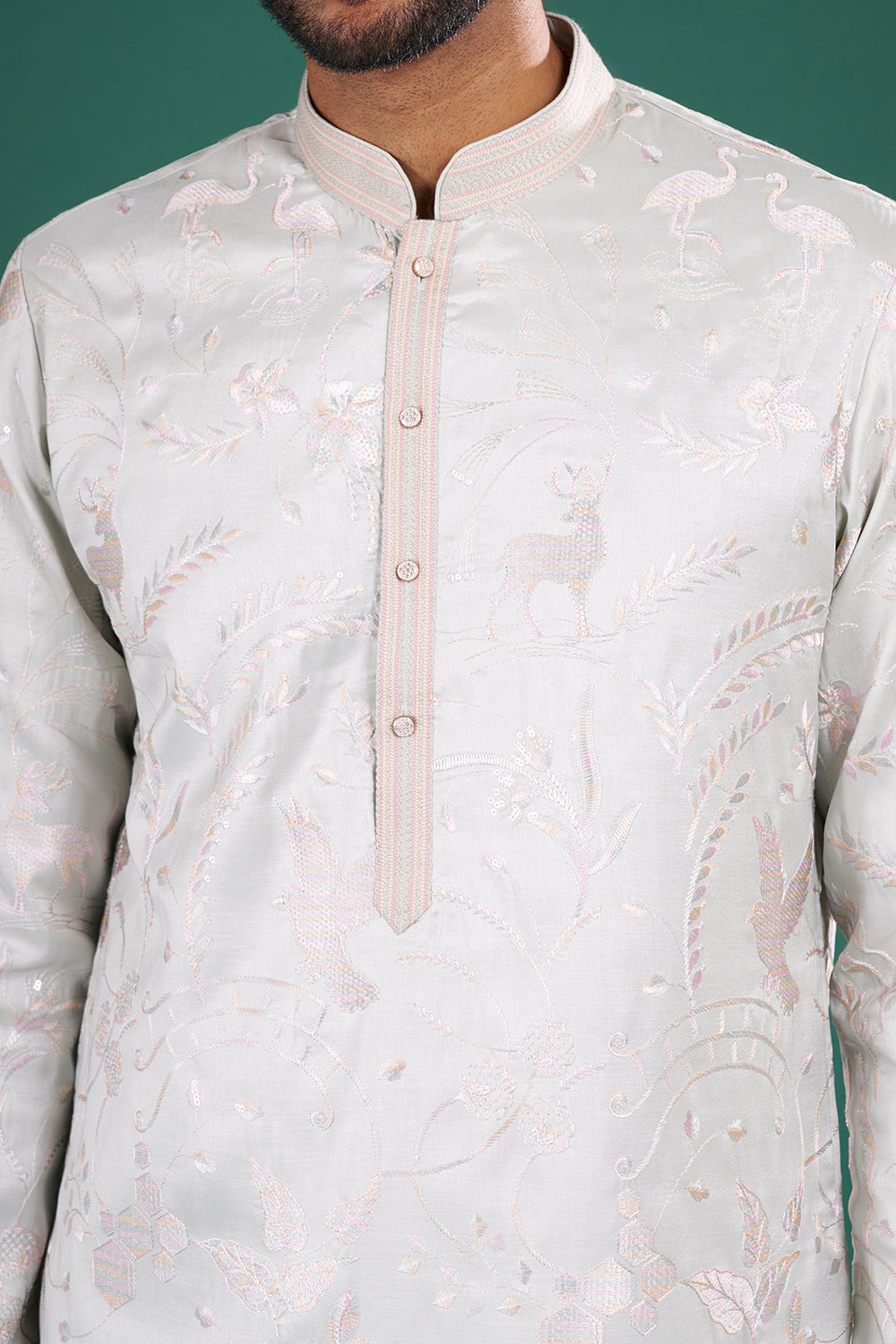 Ice Grey Men's Embroidered Silk Blend Kurta Set