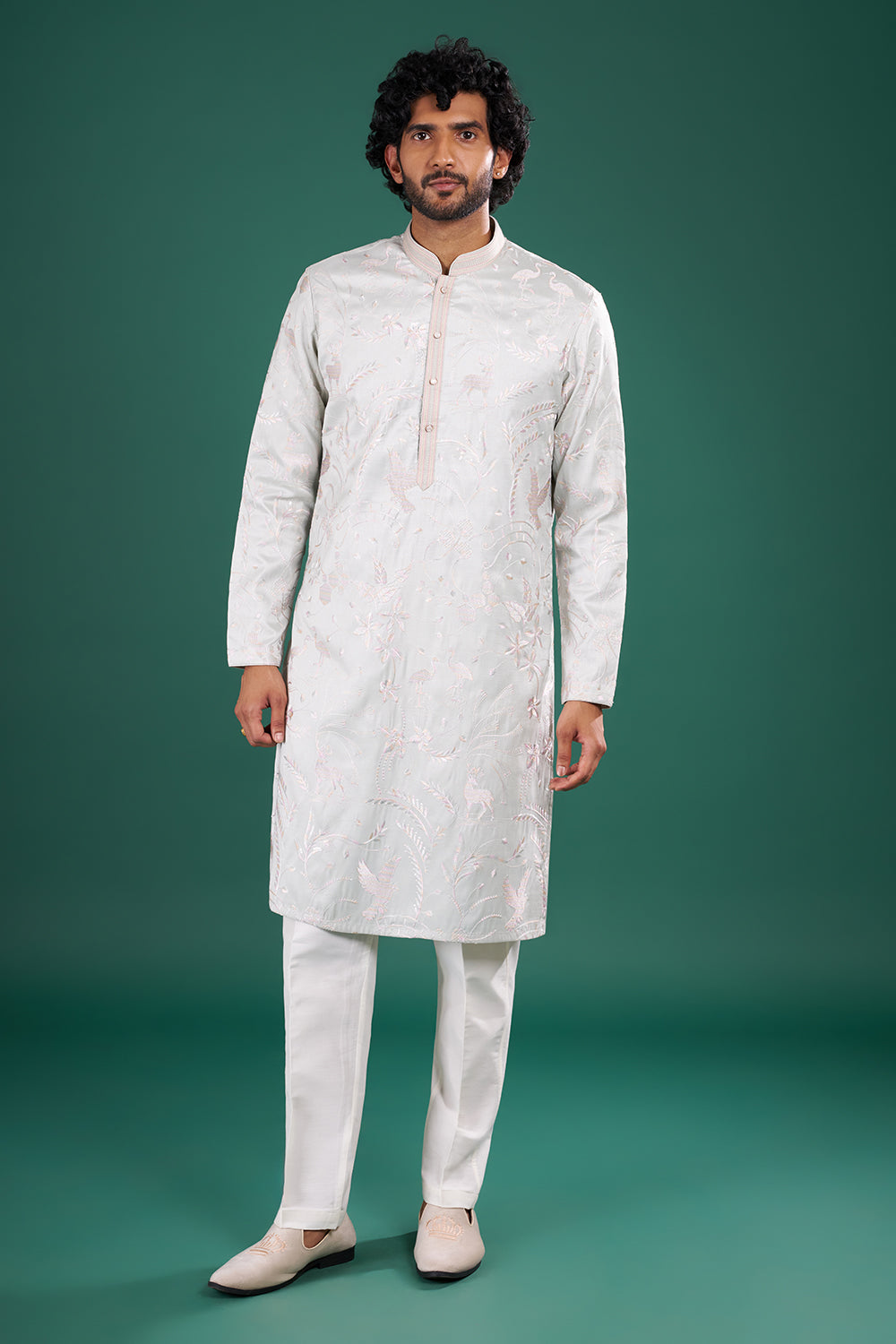 Ice Grey Men's Embroidered Silk Blend Kurta Set