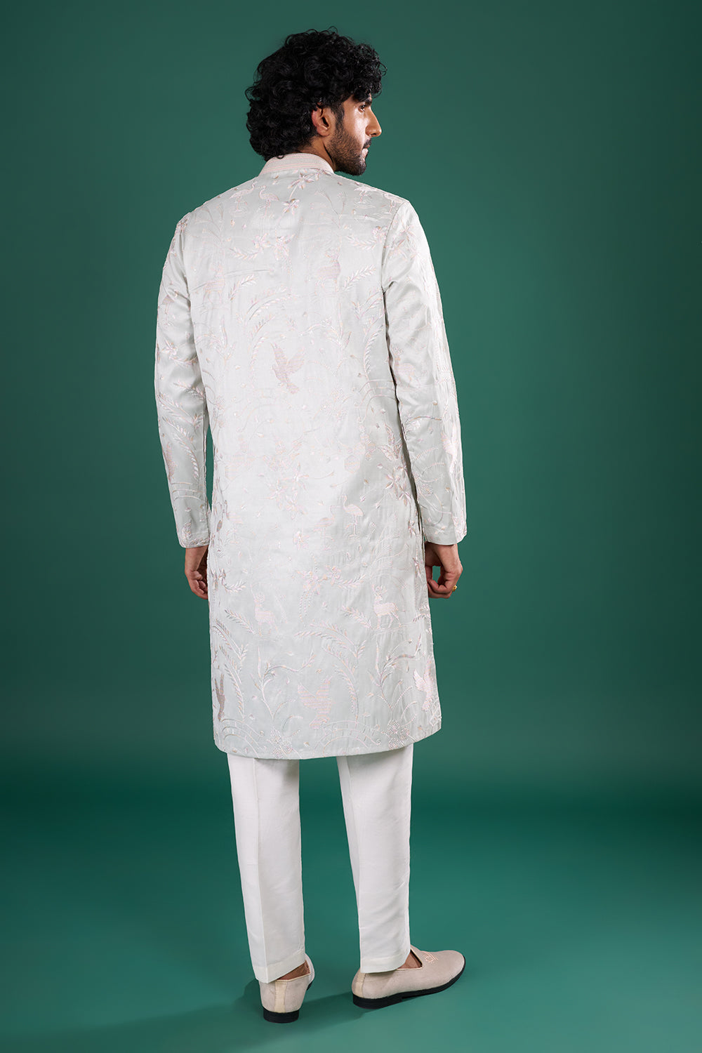 Ice Grey Men's Embroidered Silk Blend Kurta Set