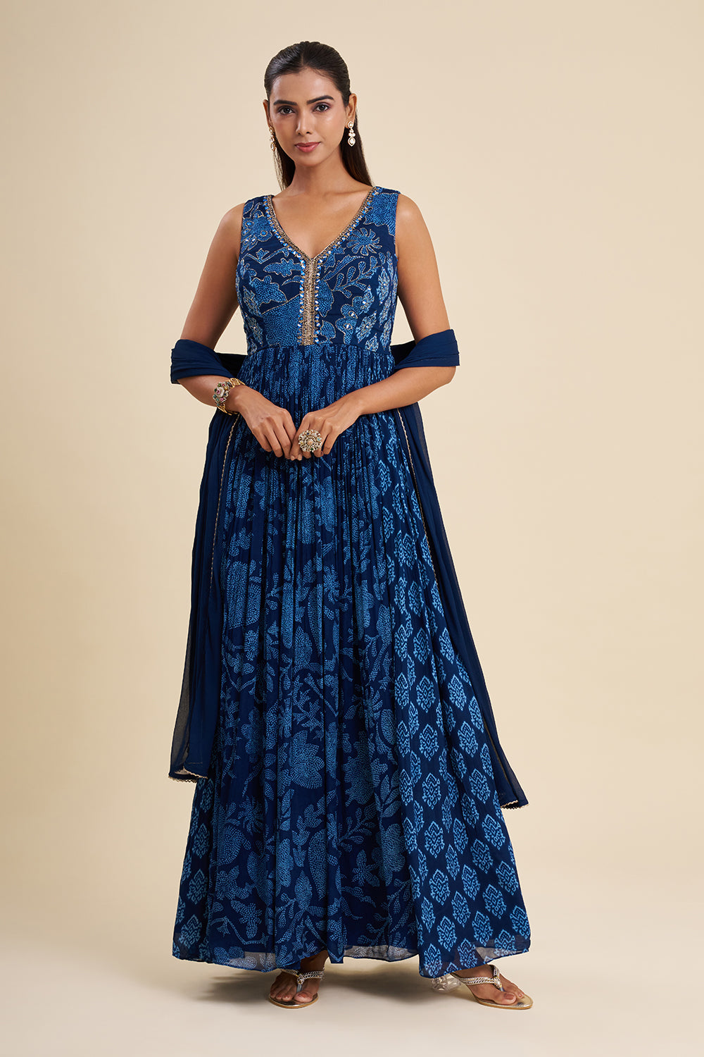 Indigo Blue Chinon Anarkali Set with Ajrakh Work