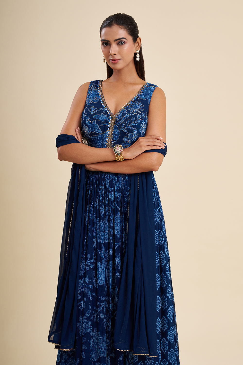 Indigo Blue Chinon Anarkali Set with Ajrakh Work