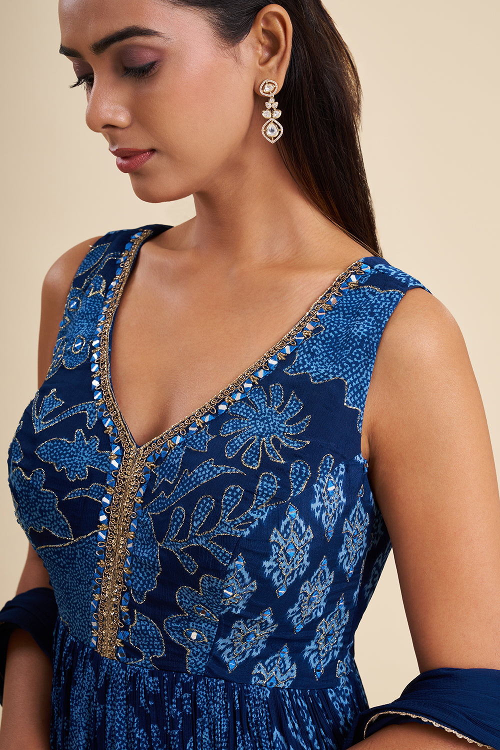 Indigo Blue Chinon Anarkali Set with Ajrakh Work