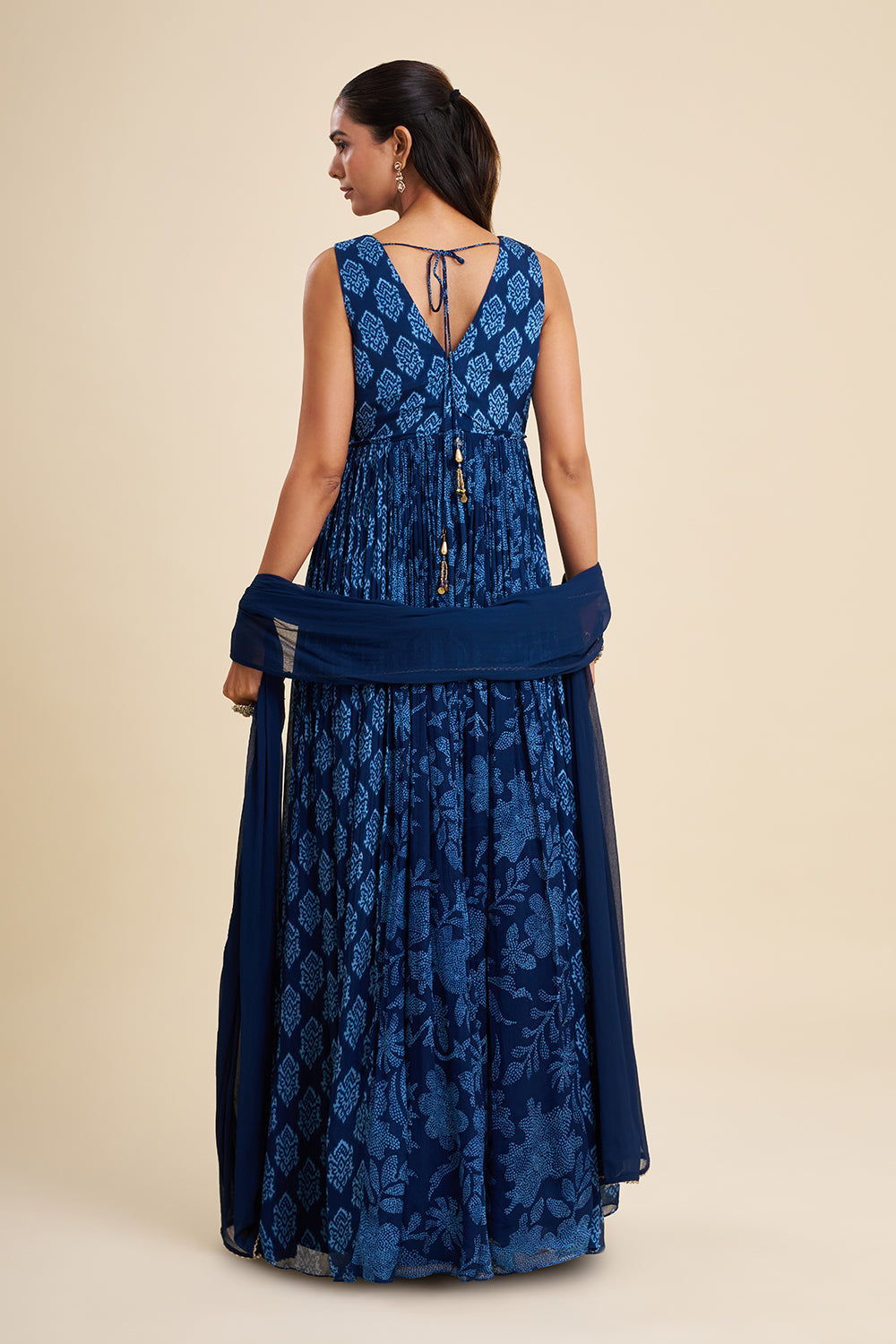 Indigo Blue Chinon Anarkali Set with Ajrakh Work