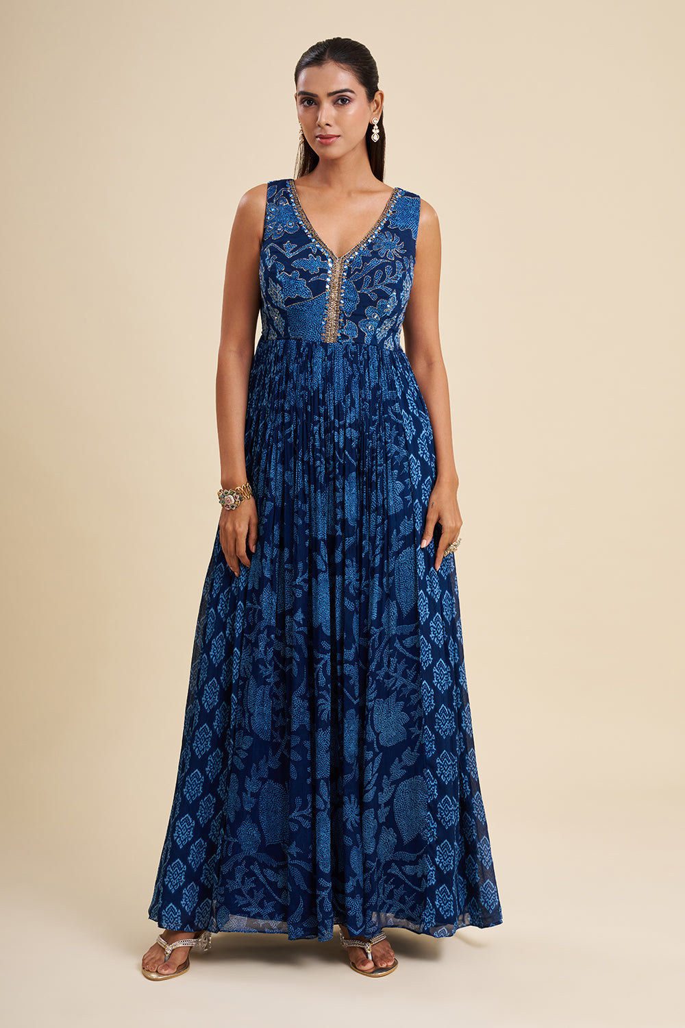 Indigo Blue Chinon Anarkali Set with Ajrakh Work