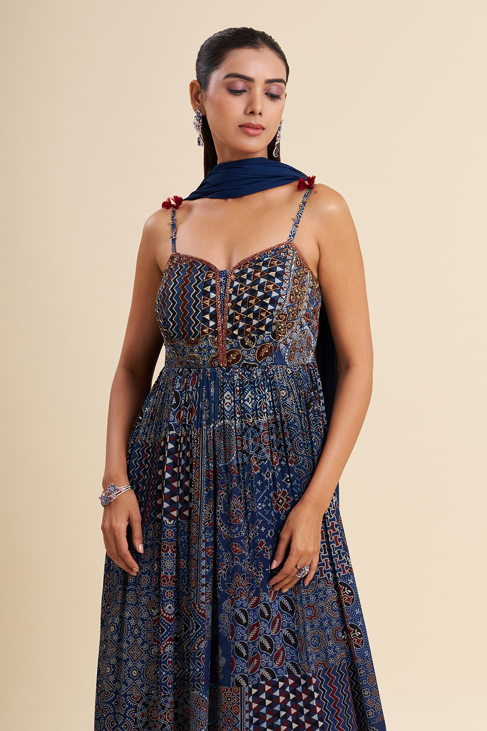 Indigo Blue Cotton Muslin Anarkali with Ajrakh Work