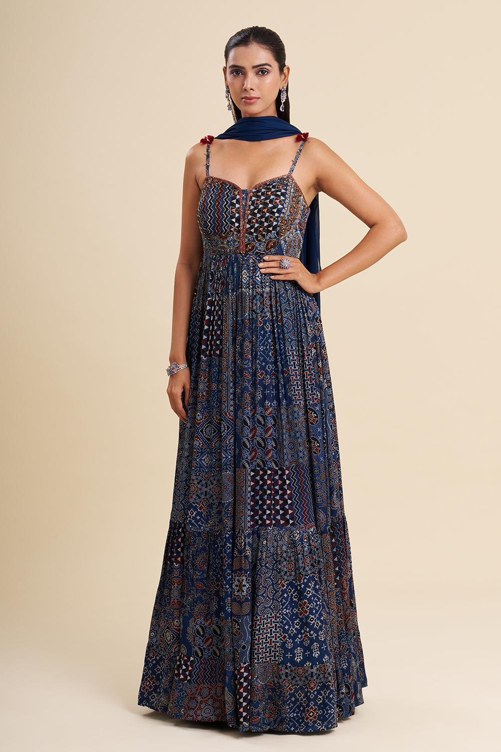Indigo Blue Cotton Muslin Anarkali with Ajrakh Work