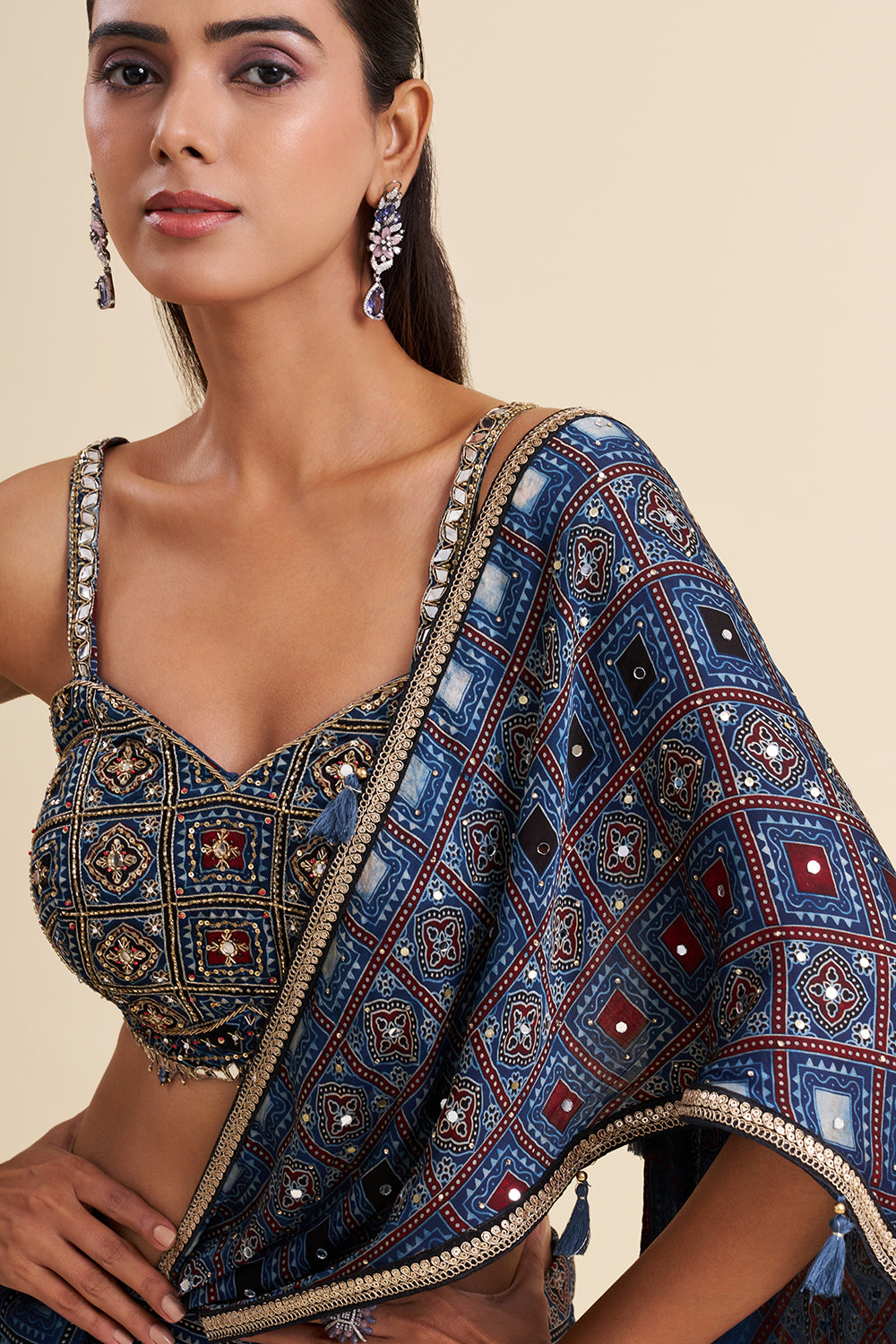 Indigo Blue Satin Modal Co-ord Set with Ajrakh Work
