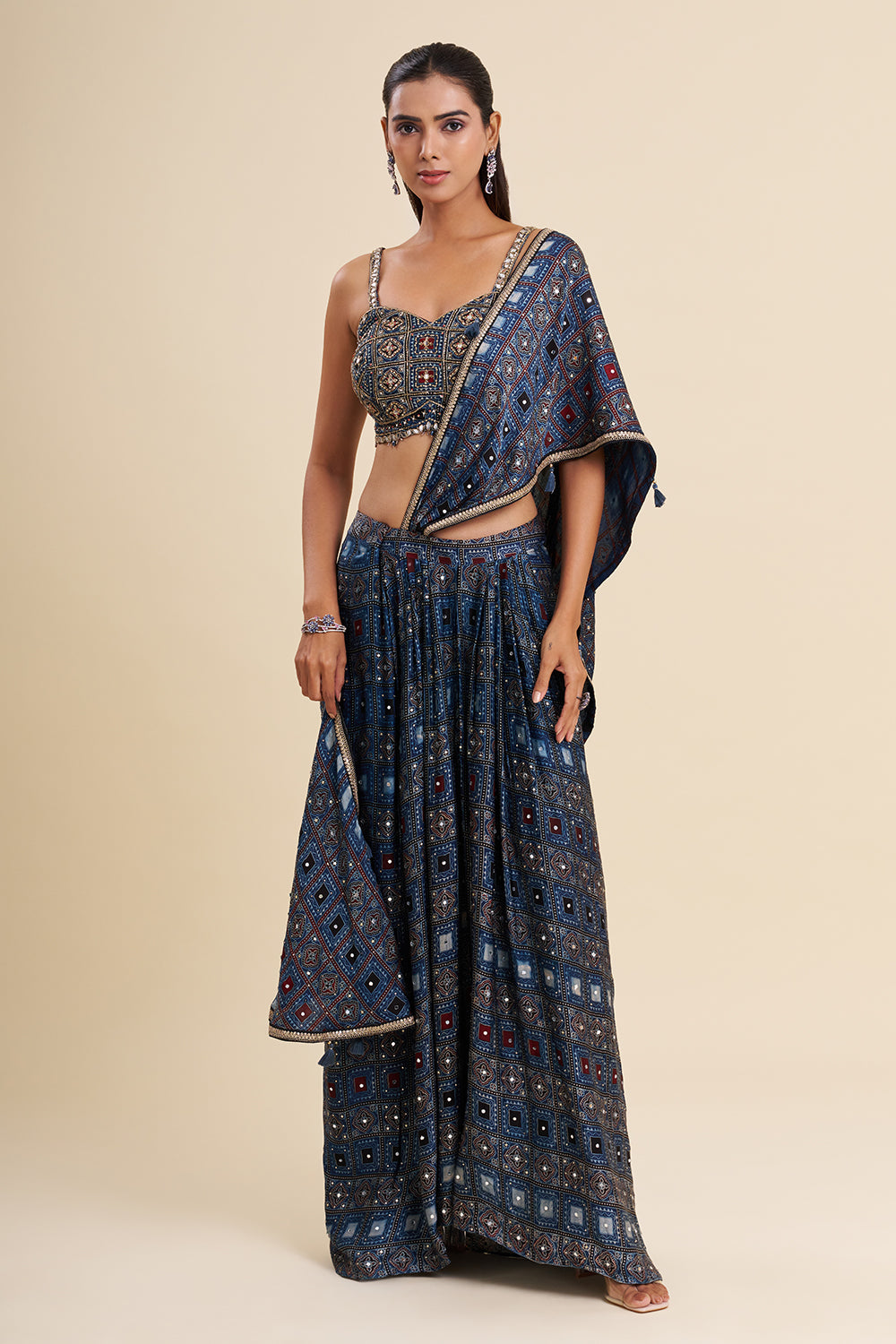 Indigo Blue Satin Modal Co-ord Set with Ajrakh Work