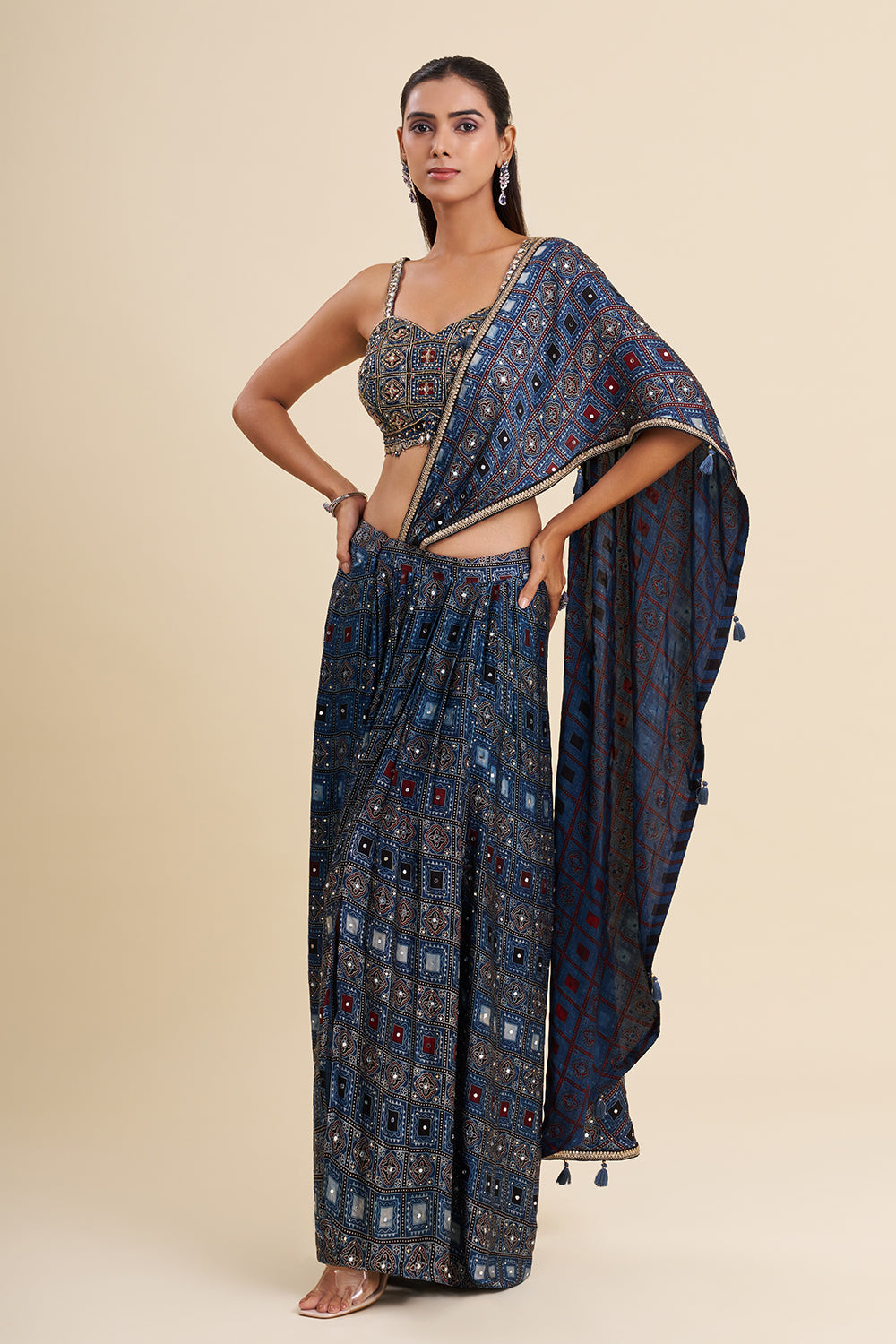 Indigo Blue Satin Modal Co-ord Set with Ajrakh Work