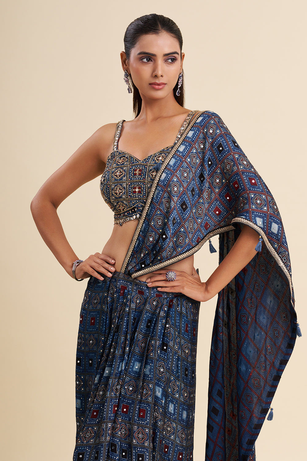 Indigo Blue Satin Modal Co-ord Set with Ajrakh Work