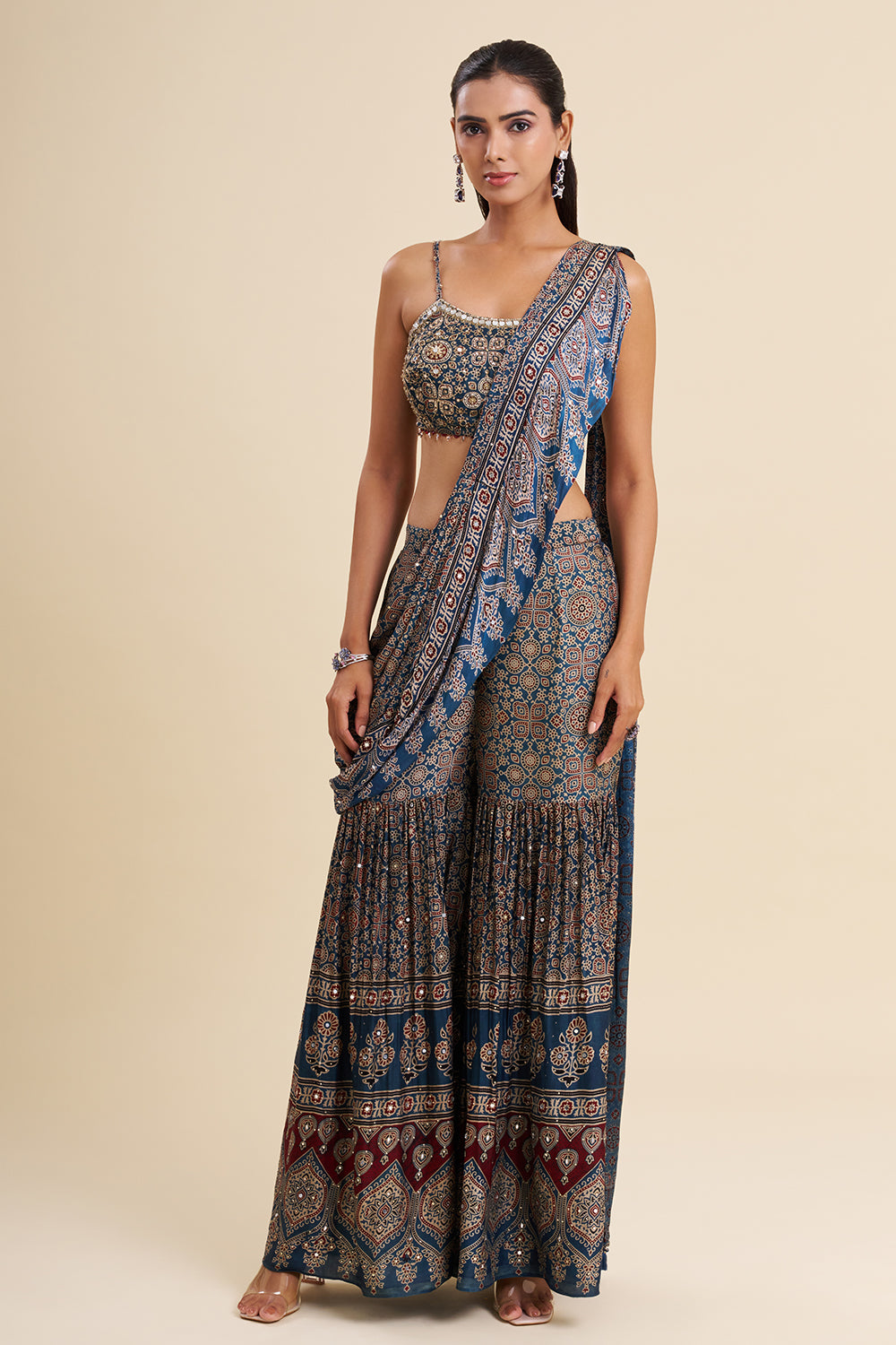 Indigo Blue Satin Modal Fusion Set with Ajrakh Work