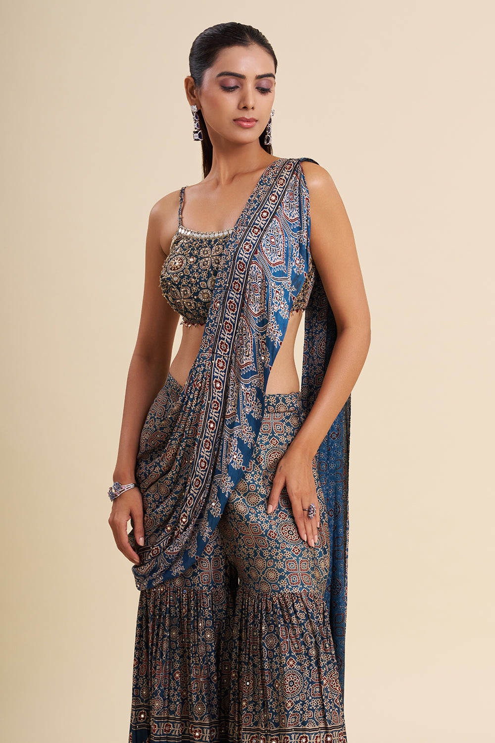 Indigo Blue Satin Modal Fusion Set with Ajrakh Work