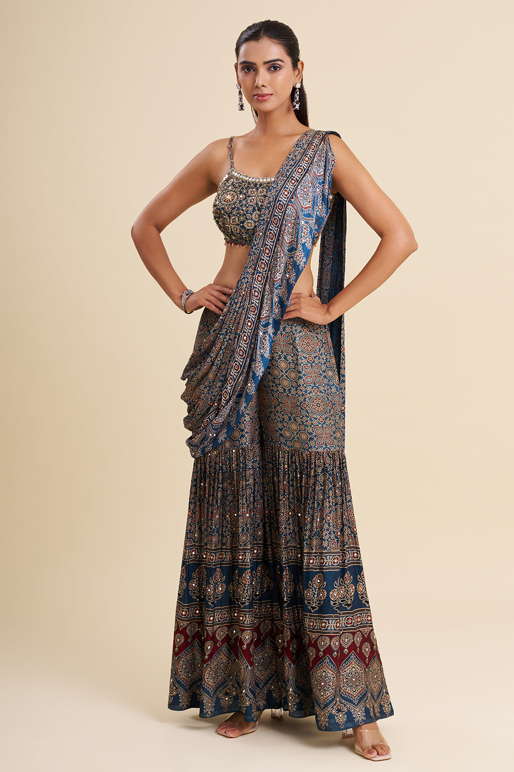 Indigo Blue Satin Modal Fusion Set with Ajrakh Work