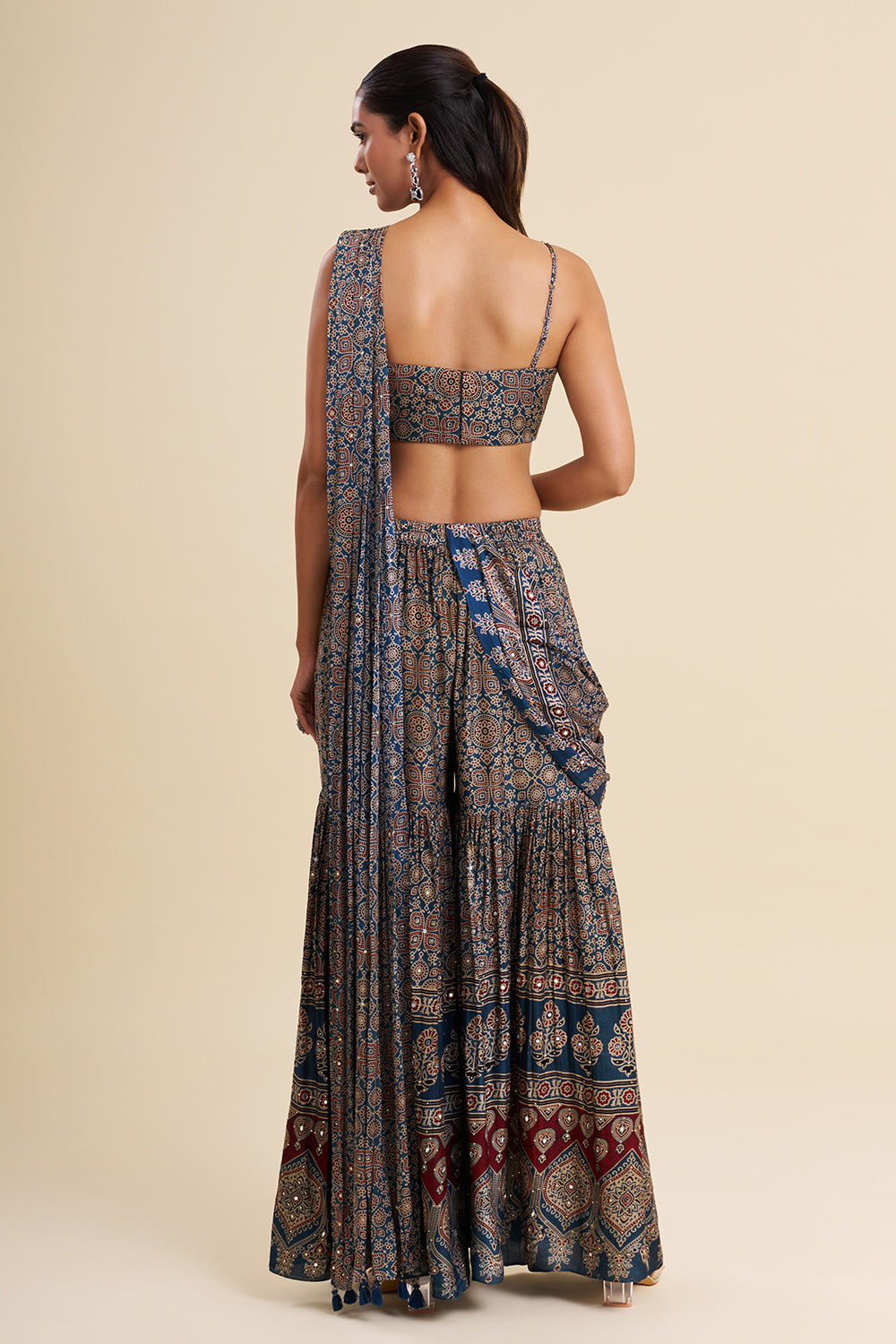 Indigo Blue Satin Modal Fusion Set with Ajrakh Work