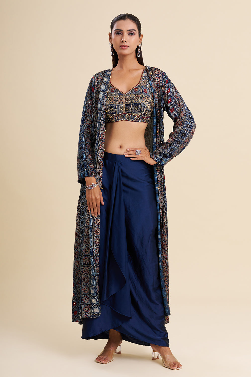 Indigo Blue Satin Modal Indo-Western Set with Ajrakh Work