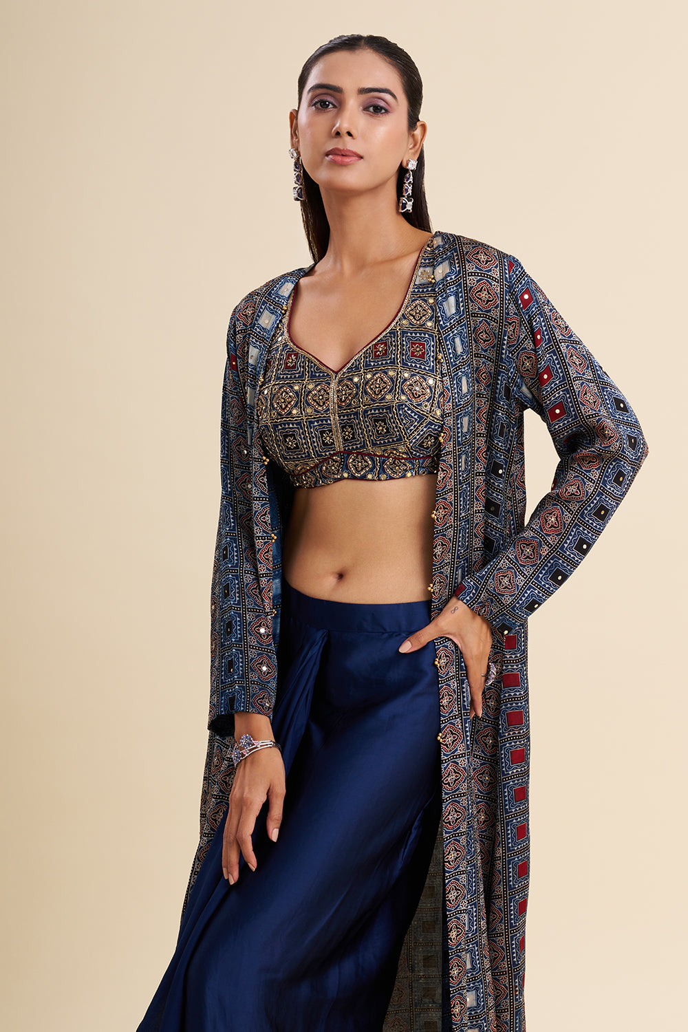 Indigo Blue Satin Modal Indo-Western Set with Ajrakh Work