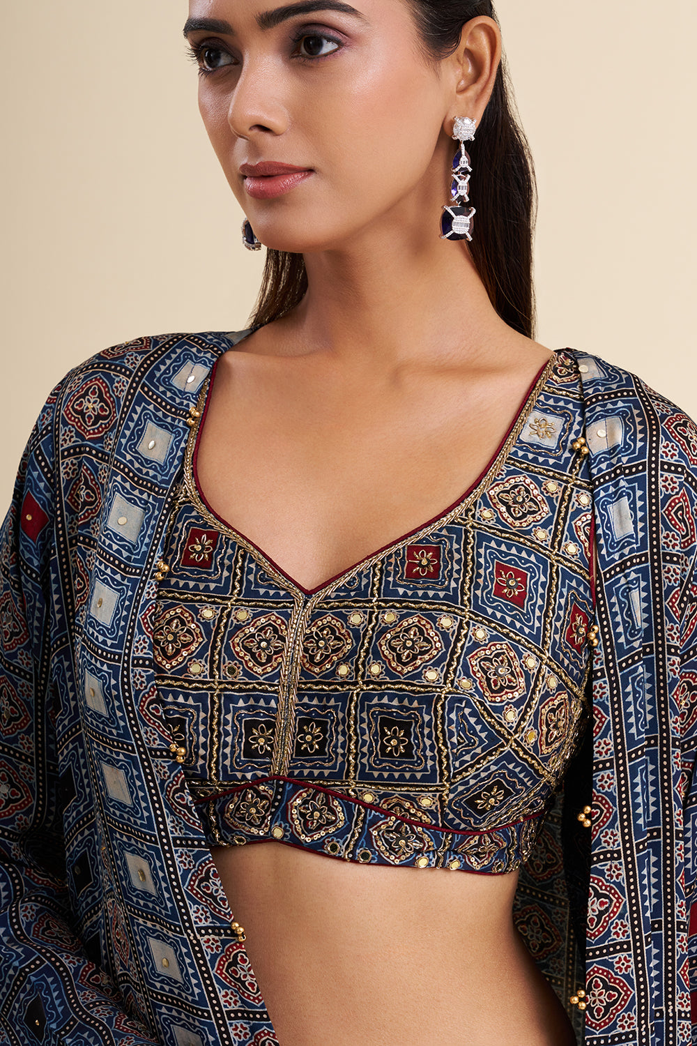 Indigo Blue Satin Modal Indo-Western Set with Ajrakh Work