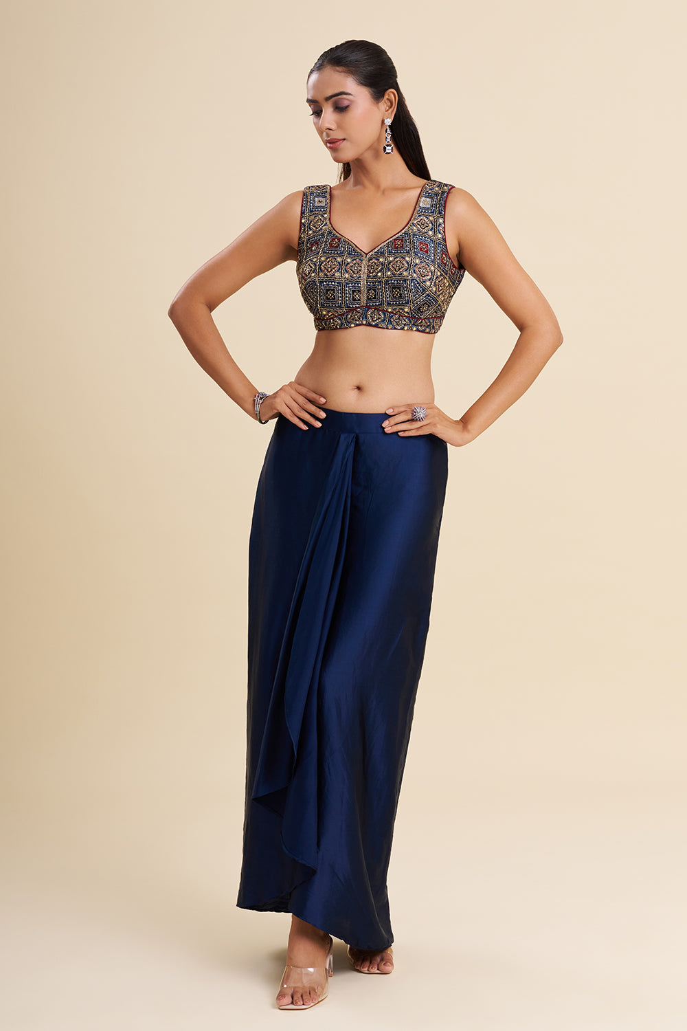 Indigo Blue Satin Modal Indo-Western Set with Ajrakh Work