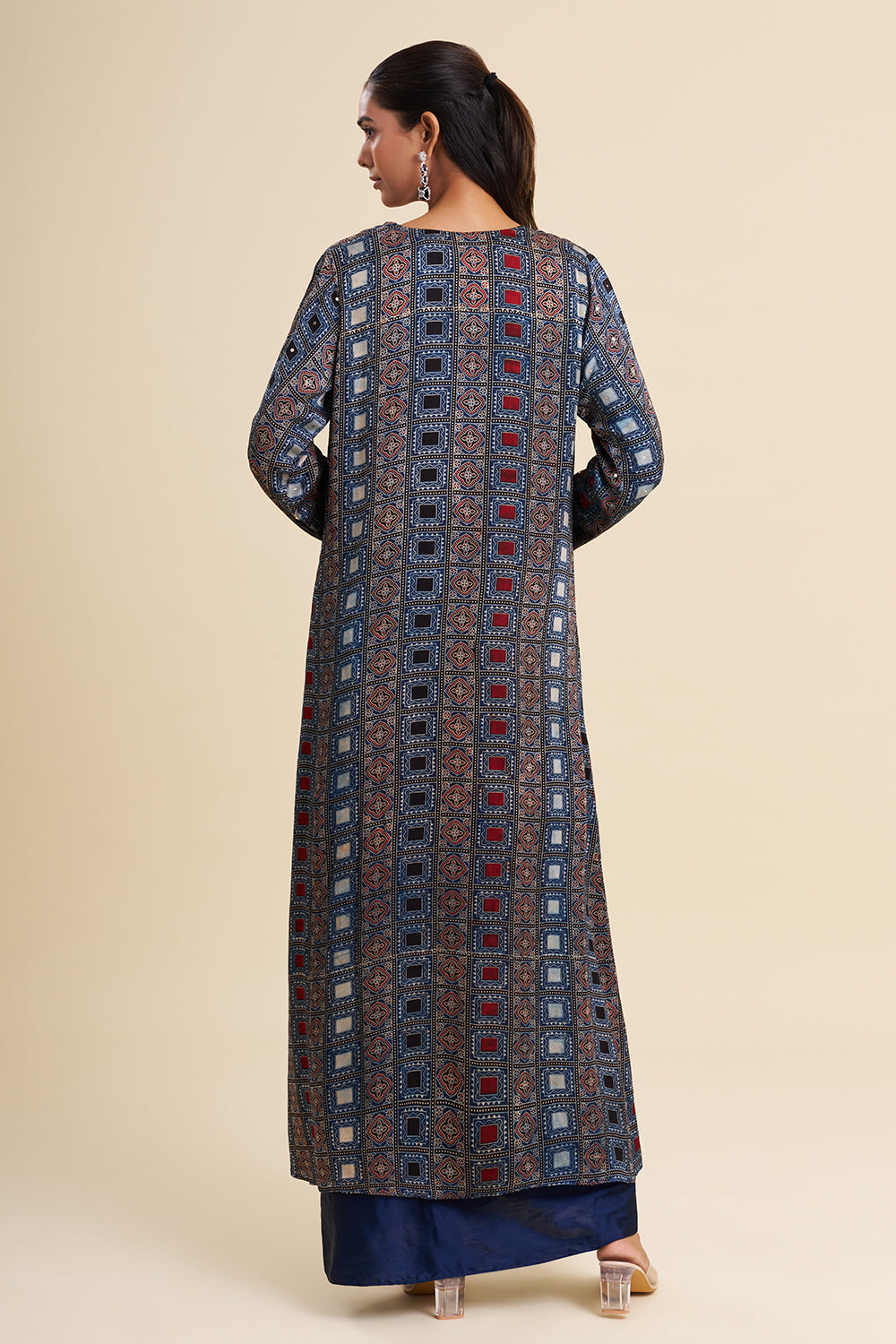 Indigo Blue Satin Modal Indo-Western Set with Ajrakh Work