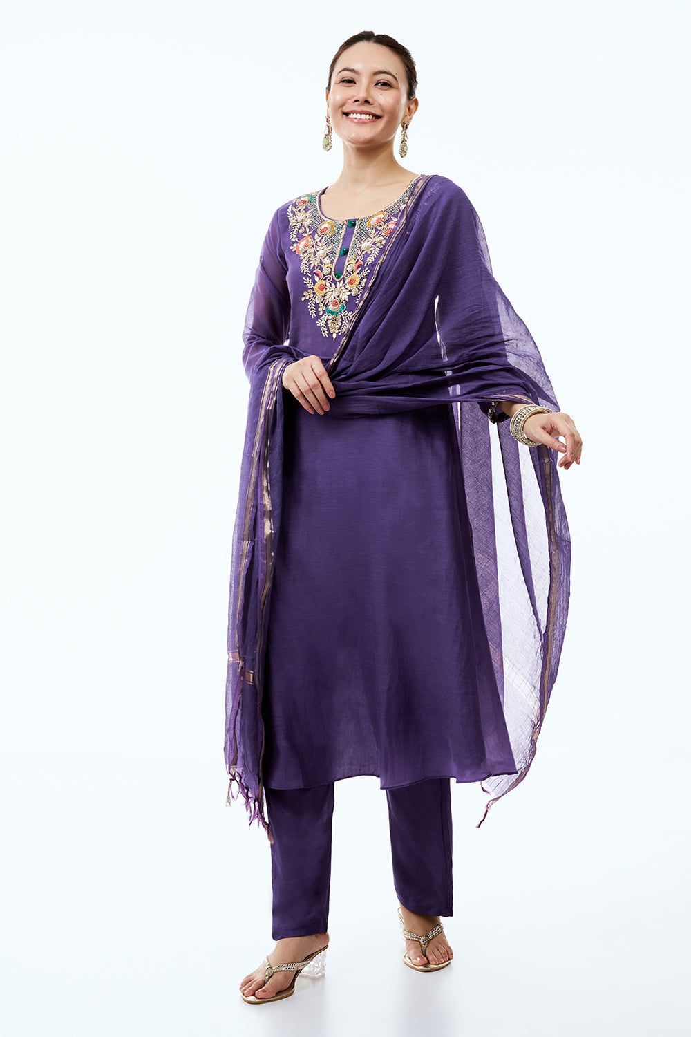 Indigo Chanderi Silk Suit Set with Cutdana and Gotta Work