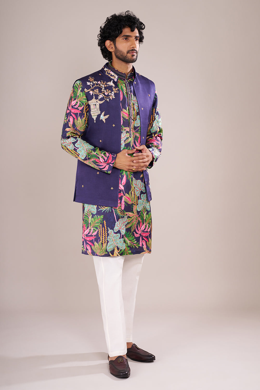 Indigo Men's Silk Blend Printed Kurta Set with Embroidered Nehru Jacket