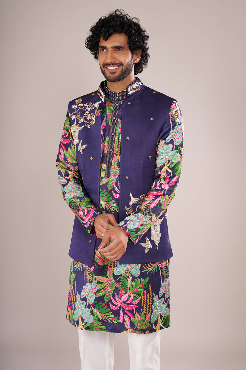 Indigo Men's Silk Blend Printed Kurta Set with Embroidered Nehru Jacket