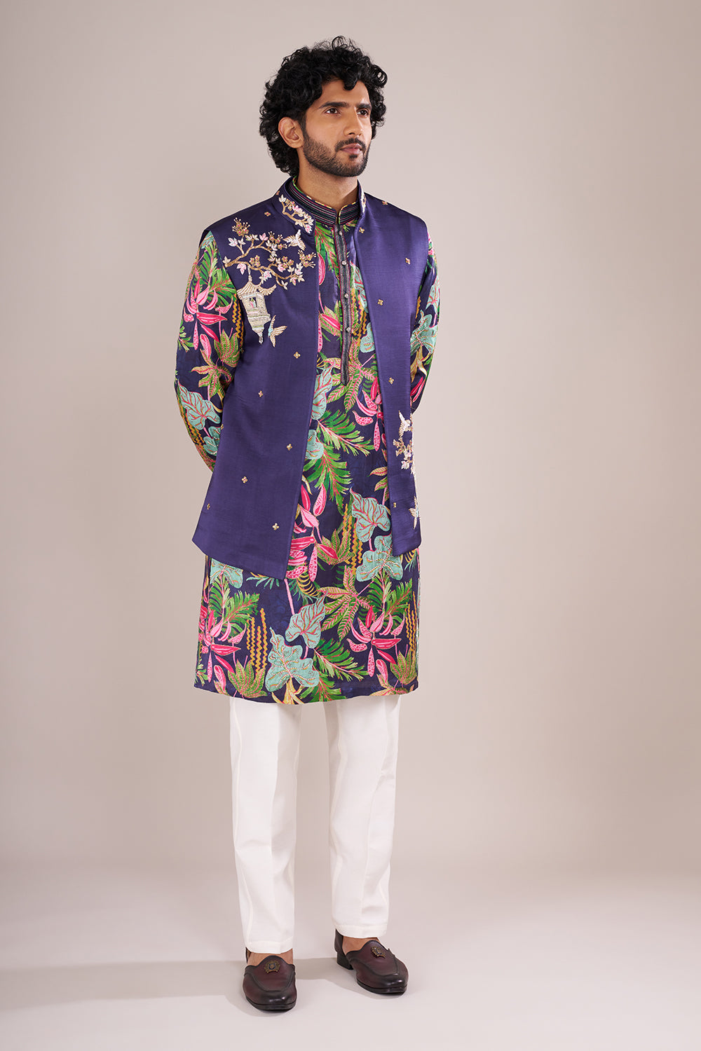 Indigo Men's Silk Blend Printed Kurta Set with Embroidered Nehru Jacket