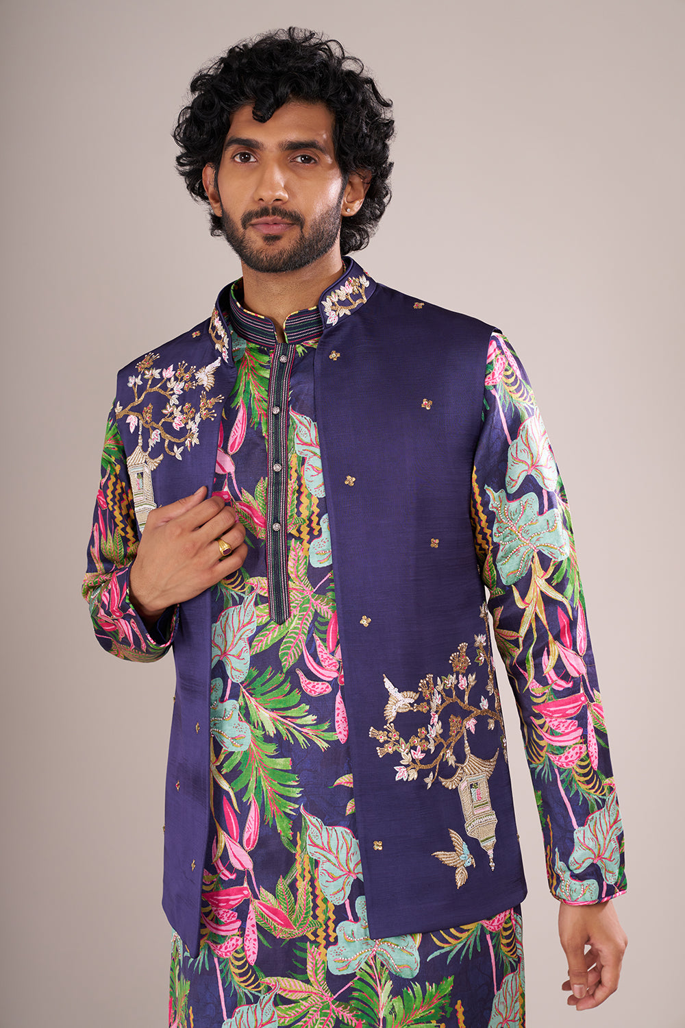 Indigo Men's Silk Blend Printed Kurta Set with Embroidered Nehru Jacket