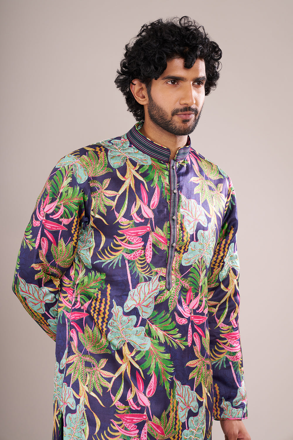 Indigo Men's Silk Blend Printed Kurta Set with Embroidered Nehru Jacket