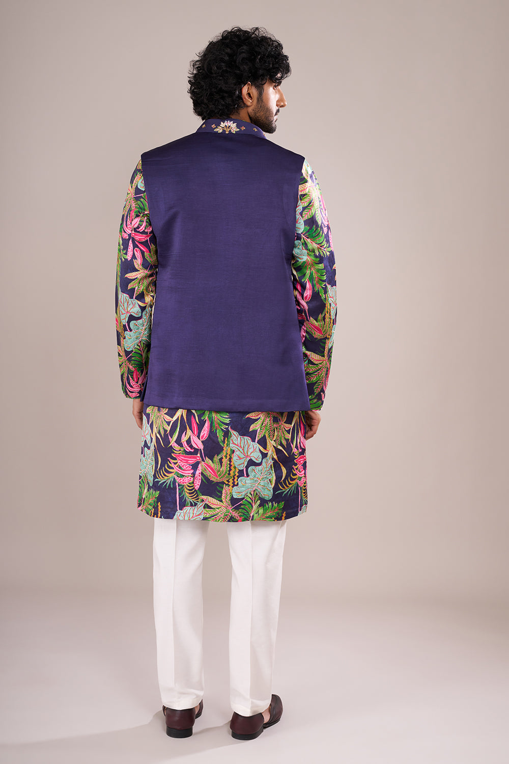 Indigo Men's Silk Blend Printed Kurta Set with Embroidered Nehru Jacket