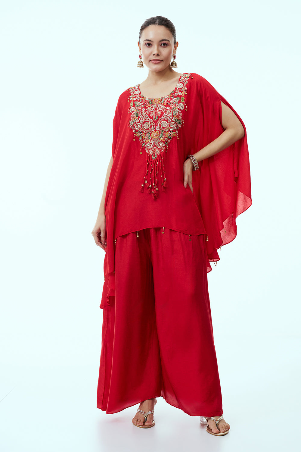 Indo Western Red Cotton Silk Two Piece with Zardosi Work