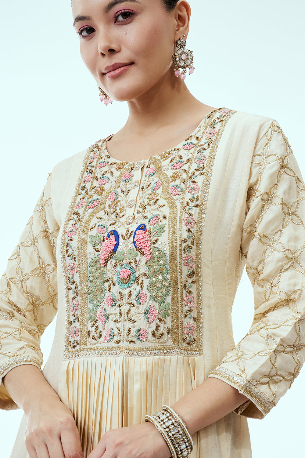 Ivory Anarkali with Multicoloured Peacock Embroidery