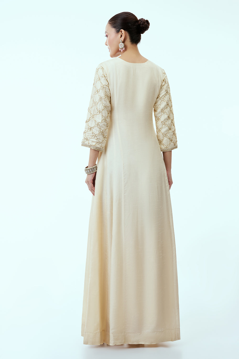 Ivory Anarkali with Multicoloured Peacock Embroidery