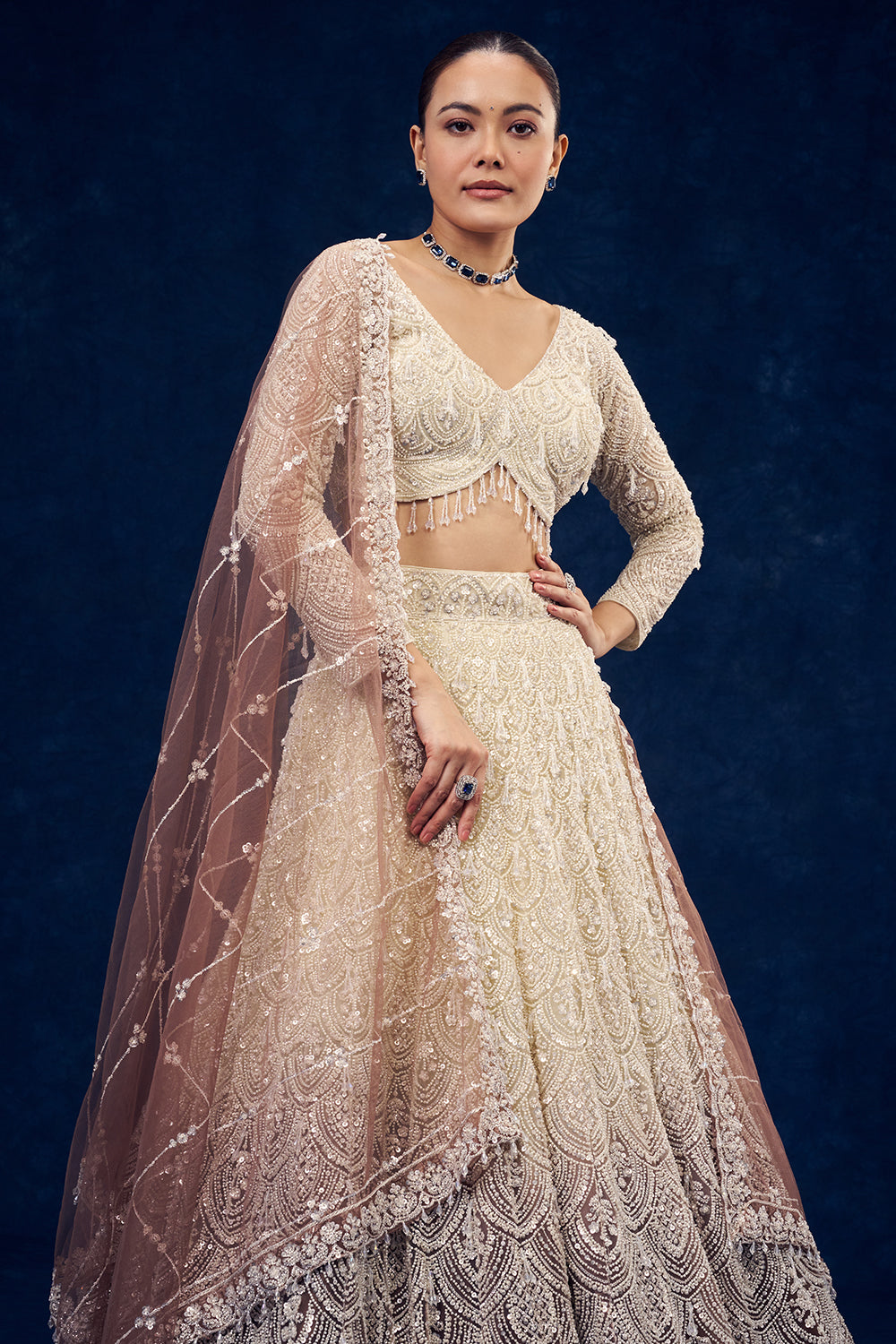 Ivory and Brown Hand Embroidered Net Lehenga with Cutdana Work