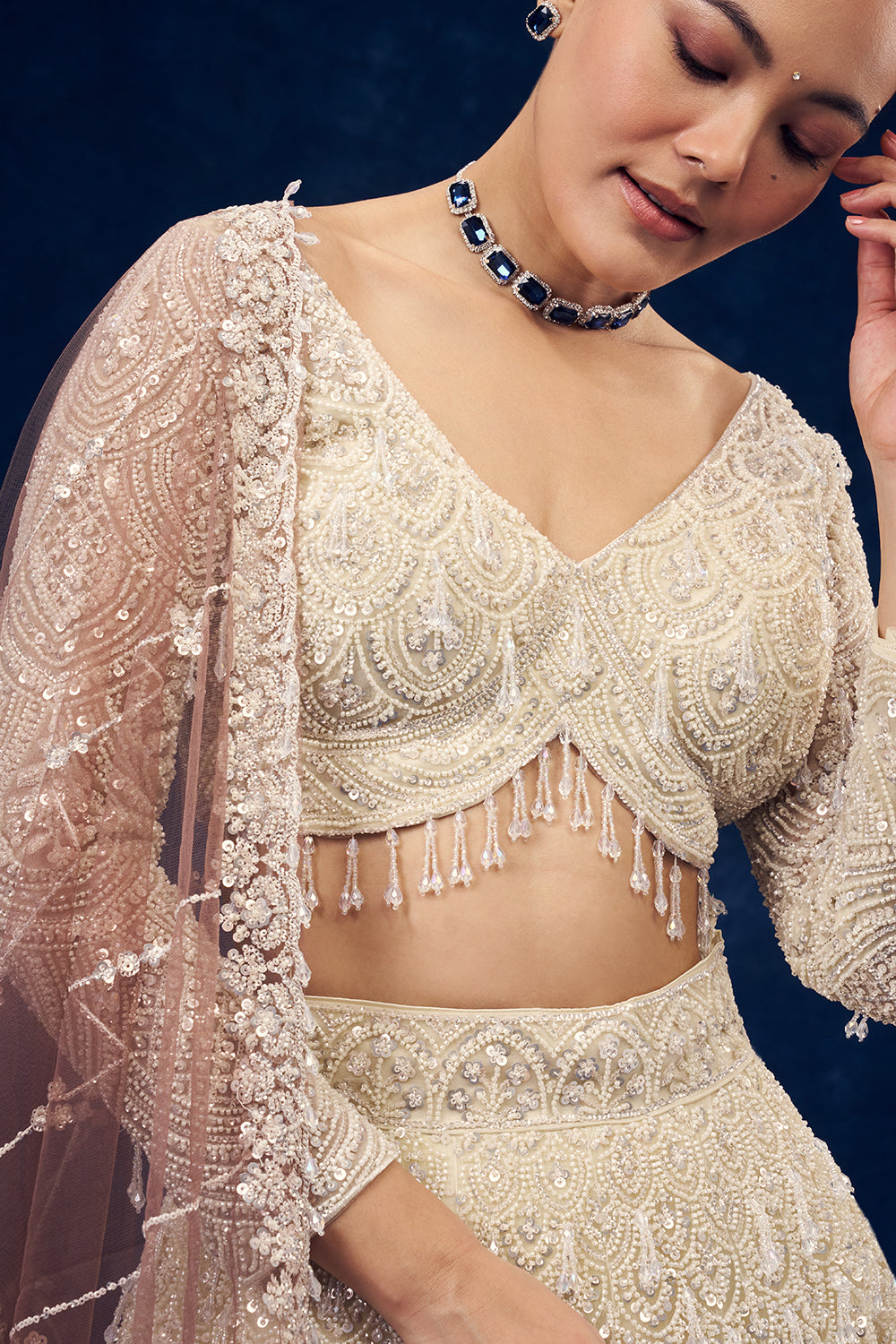 Ivory and Brown Hand Embroidered Net Lehenga with Cutdana Work