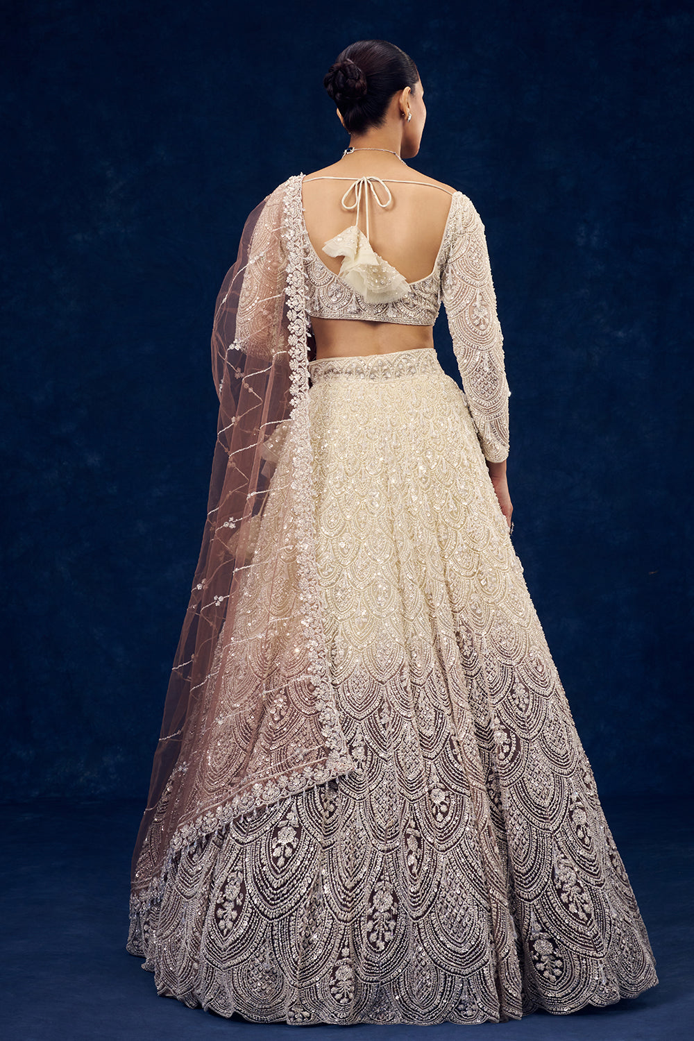 Ivory and Brown Hand Embroidered Net Lehenga with Cutdana Work