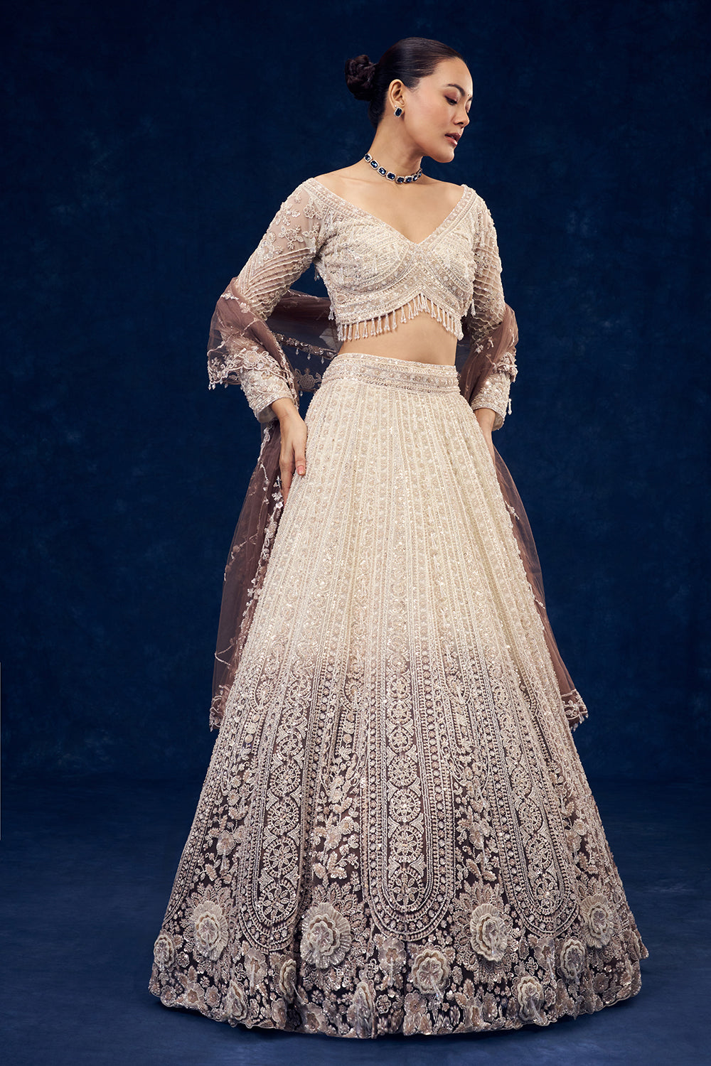 Ivory and Brown Ombre Ornate Net Lehenga with 3D Flowers