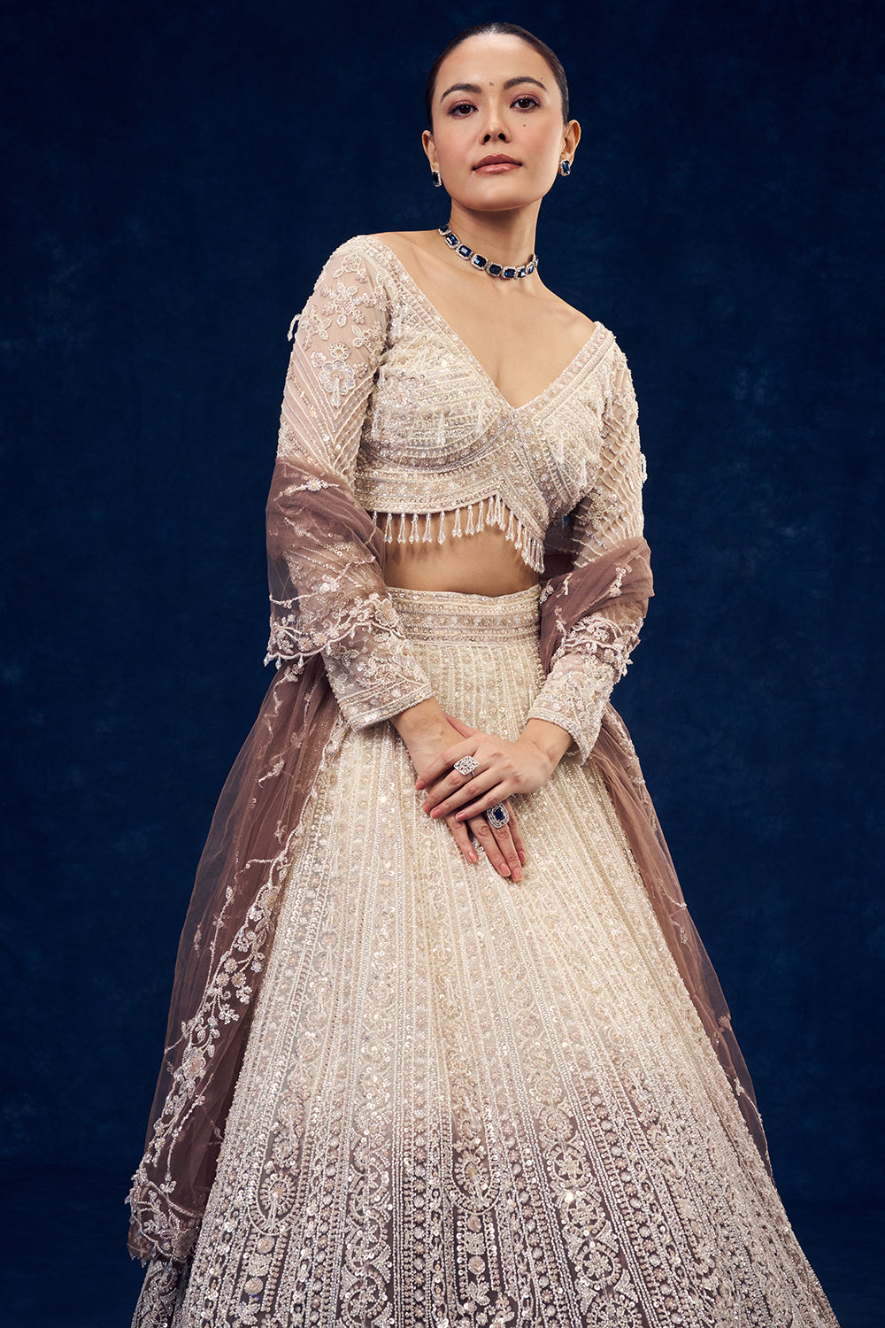 Ivory and Brown Ombre Ornate Net Lehenga with 3D Flowers