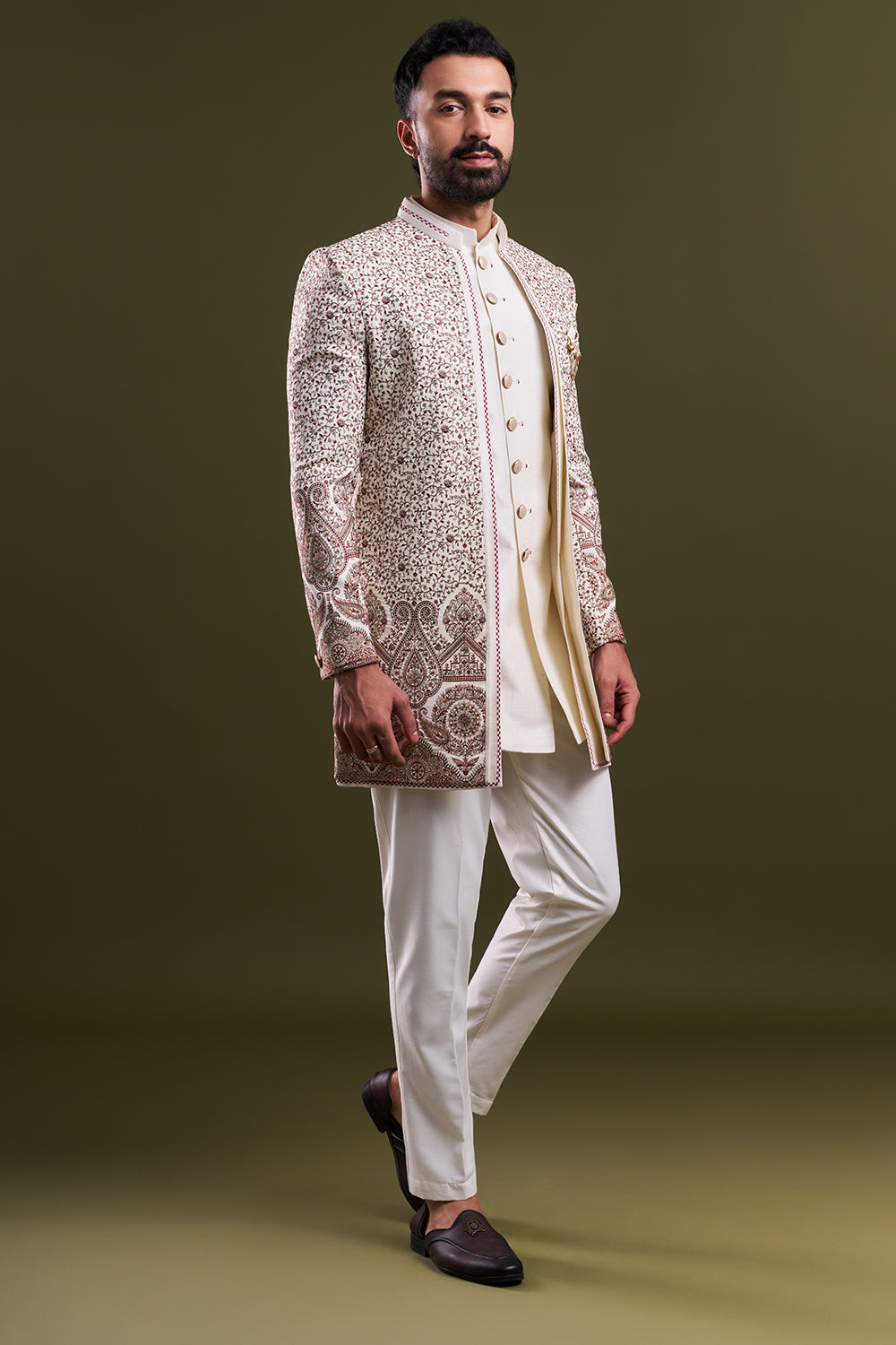 Ivory Art Silk Embroidered Men’s Indo-Western Set