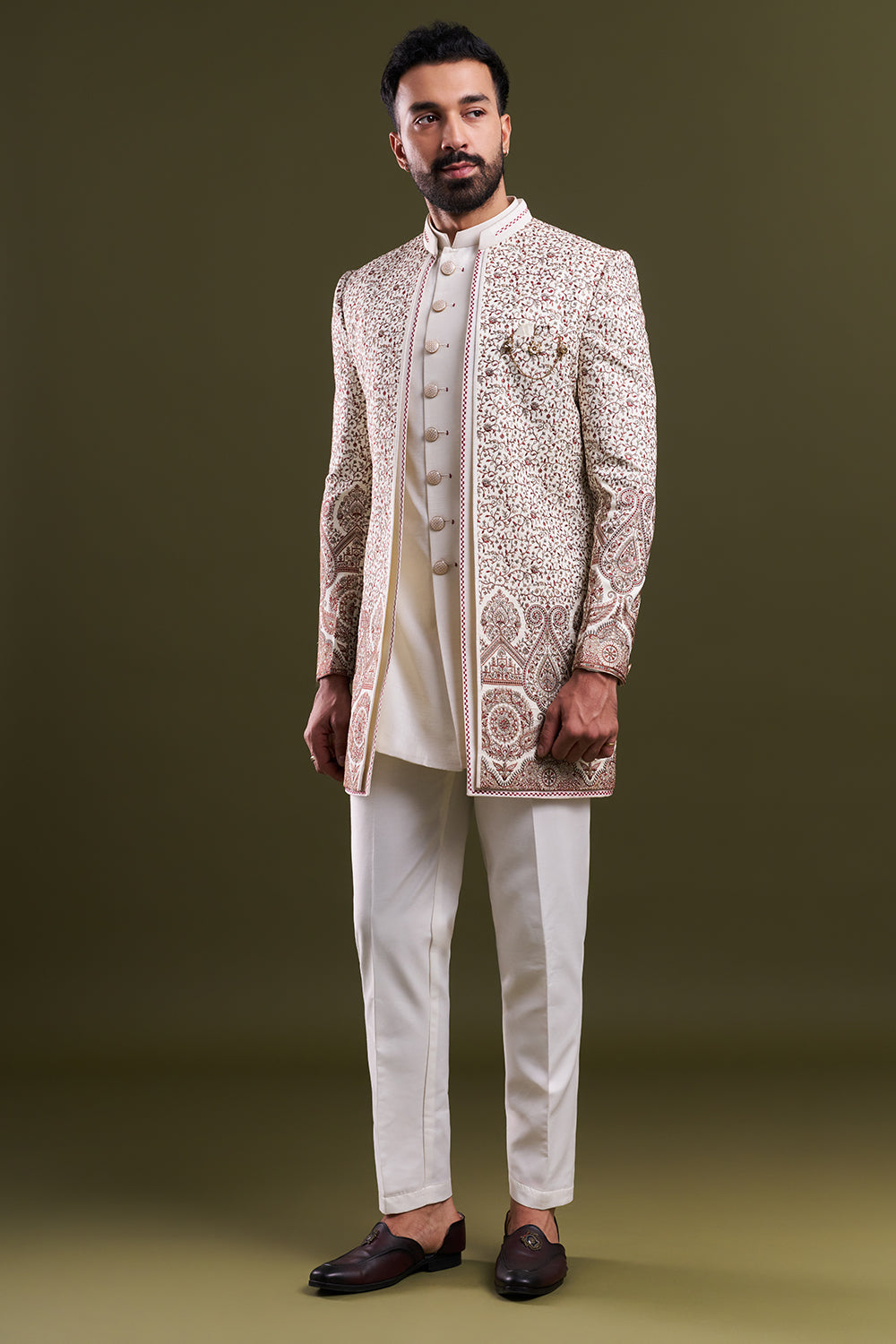 Ivory Art Silk Embroidered Men’s Indo-Western Set