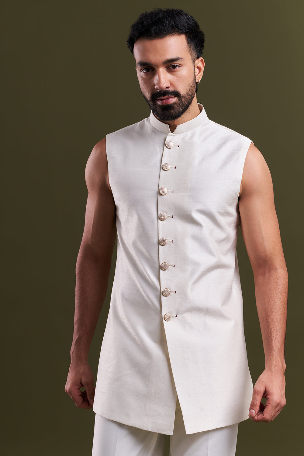 Ivory Art Silk Embroidered Men’s Indo-Western Set