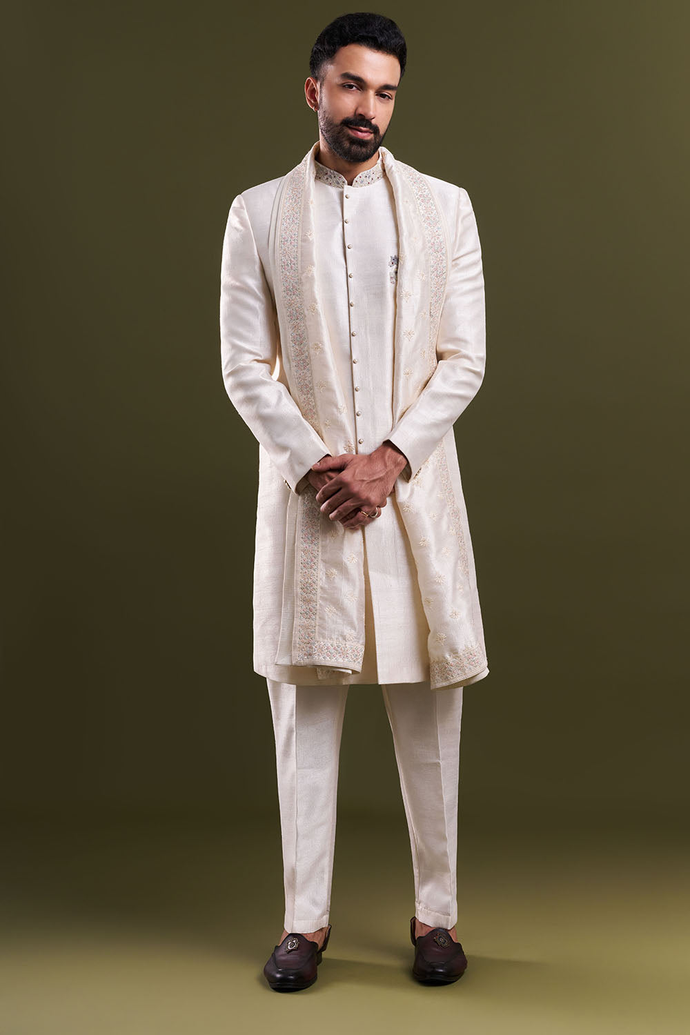 Ivory Art Silk Embroidered Sherwani