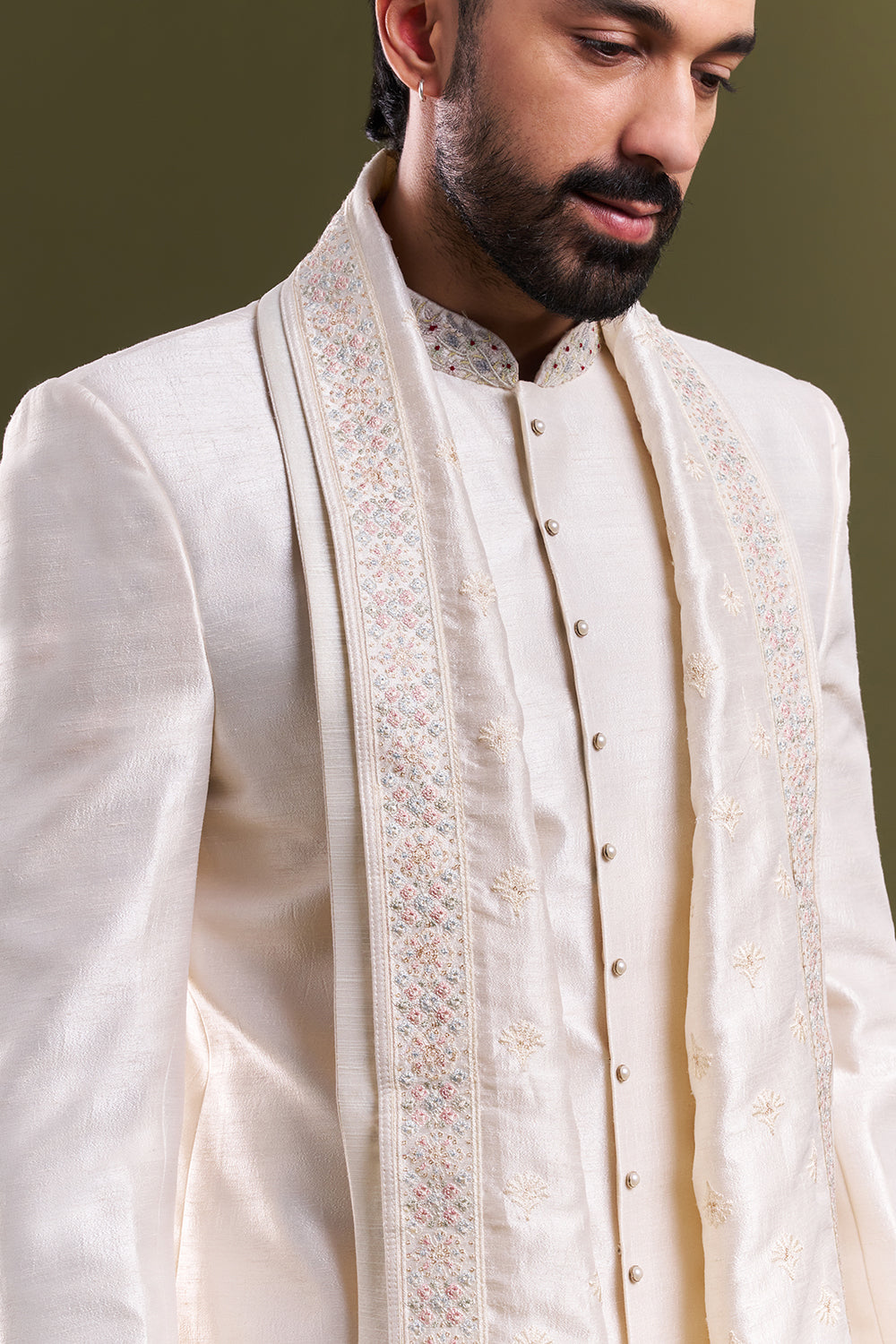Ivory Art Silk Embroidered Sherwani