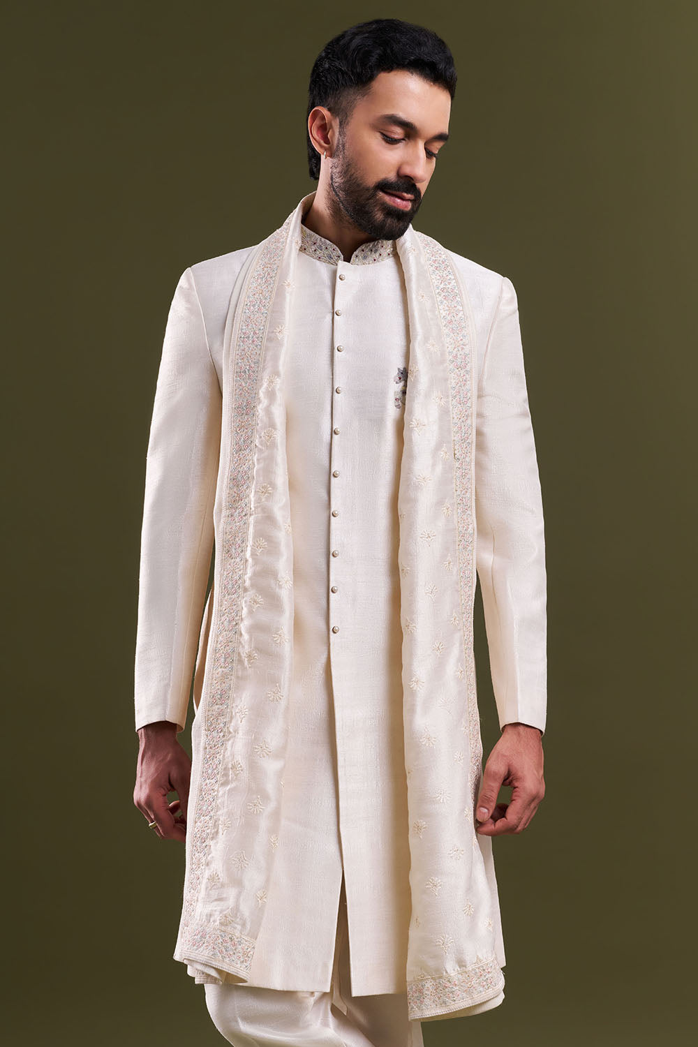 Ivory Art Silk Embroidered Sherwani