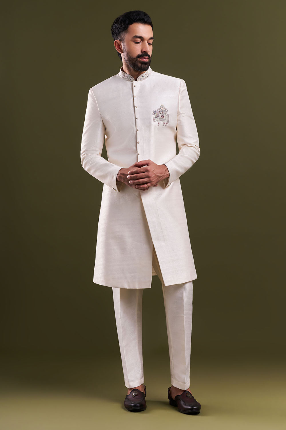 Ivory Art Silk Embroidered Sherwani