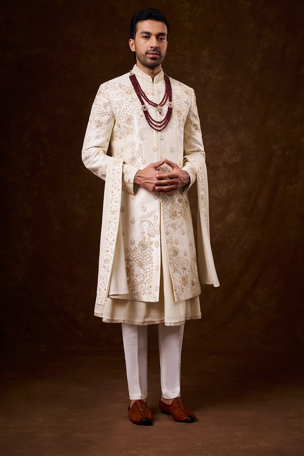 Ivory Art Silk Groom’s Sherwani with Dori Work