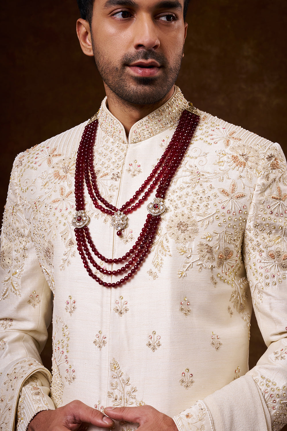 Ivory Art Silk Groom’s Sherwani with Dori Work