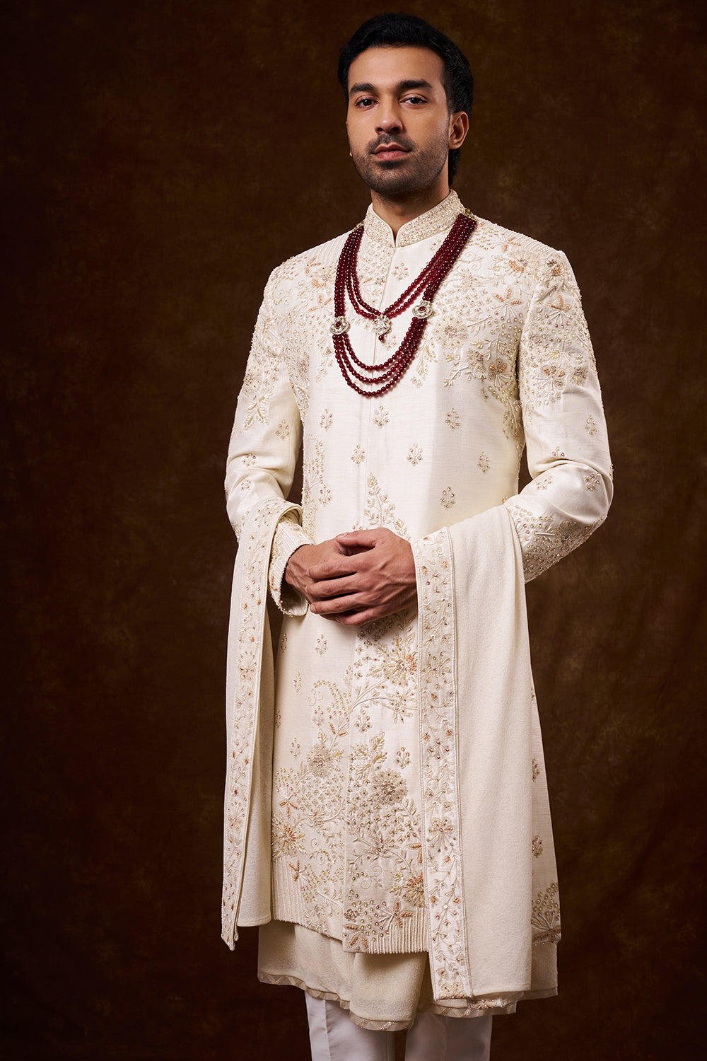 Ivory Art Silk Groom’s Sherwani with Dori Work