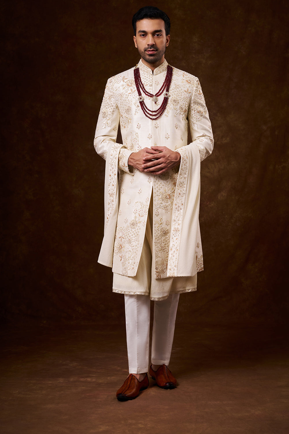 Ivory Art Silk Groom’s Sherwani with Dori Work