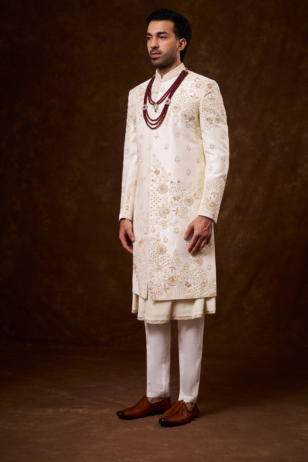 Ivory Art Silk Groom’s Sherwani with Dori Work